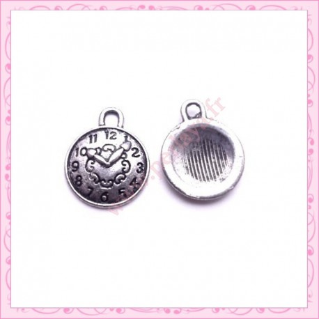  15 breloques horloge en métal argentées 1.5cm