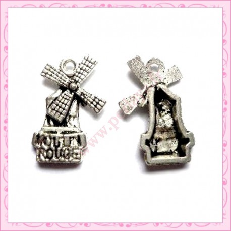  15 breloques moulin rouge en métal argentées 2cm