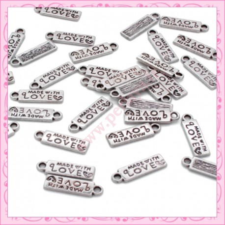 Lot de 15 breloques "made with love" en métal argentées 1.8cm