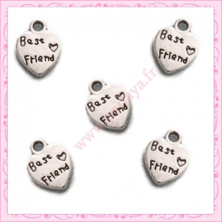  15 breloques coeurs Best Friend en métal argentées 1cm