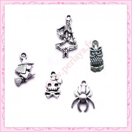 Lot de 15 breloques Halloween sorcière - squelette - hibou - araignée - tête de mort