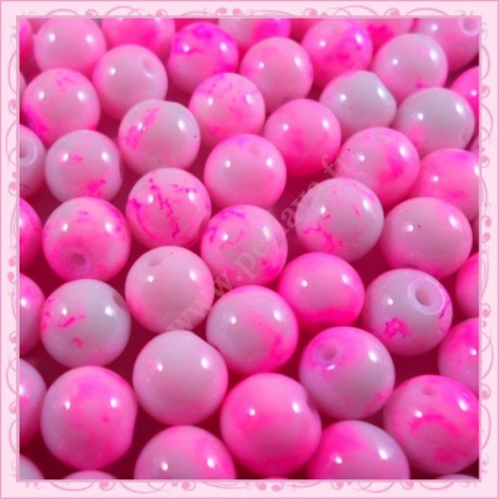 Lot de 100 perles en verre rose - blanc effet tacheté