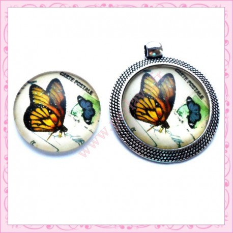 Cabochon en verre rond 25mm papillon