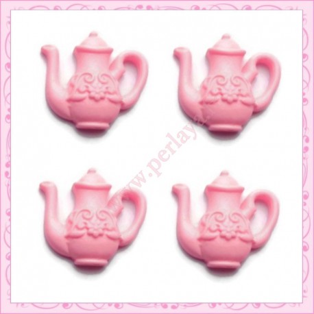  3 cabochons théière rose en résine 2,3cm