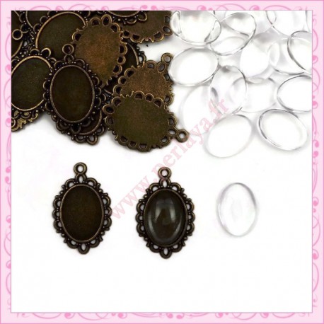Lot de 20 supports cabochons bronze + 20 cabochons 18x13mm