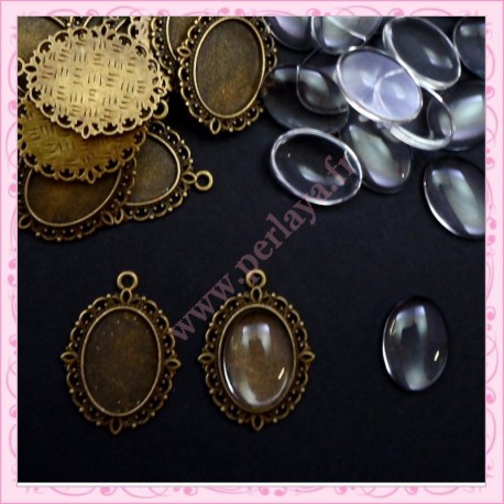 Lot de 20 supports cabochons bronze + 20 cabochons 18x13mm