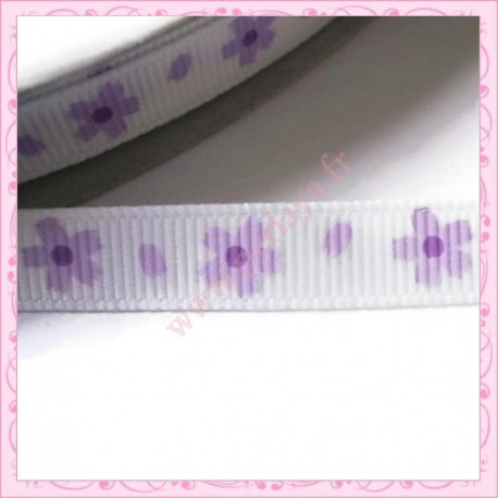 4 mètres de ruban 9mm blanc thème fleur violette