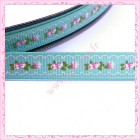 4 mètres de ruban bleu 9mm motif fleur