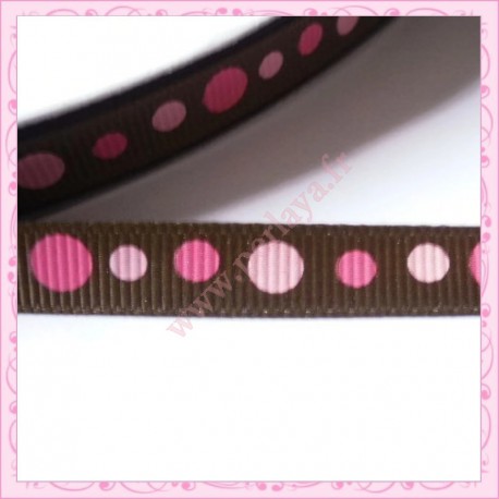 4 mètres de ruban marron 9mm motif pois rose