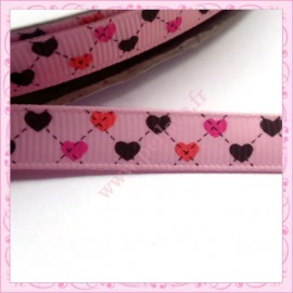4 mètres de ruban rose 9mm motif coeur rose et marron