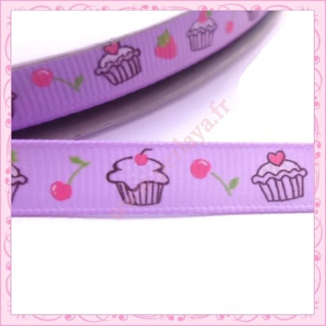 4 mètres de ruban violet 9mm motif cupcake