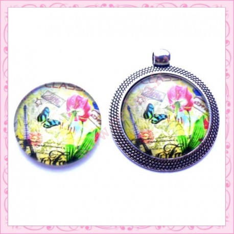 4 cabochons en verre rond 25mm papillon