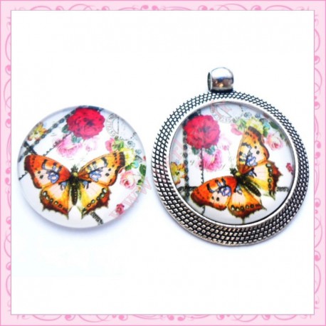 4 cabochons en verre rond 25mm papillon