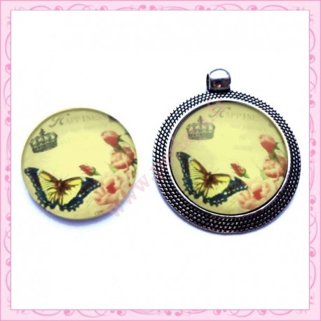 4 cabochons en verre rond 25mm papillon