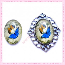4 cabochons en verre oval 18x25mm papillon