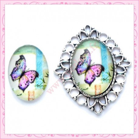4 cabochons en verre oval 18x25mm papillon