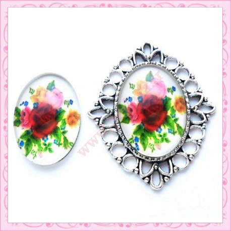 4 cabochons en verre oval 18x25mm floral