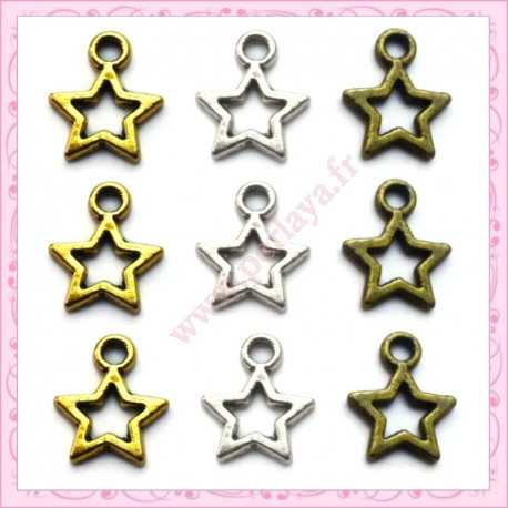 Lot de 90 breloques étoiles bronze, dorées et argentées 8mm