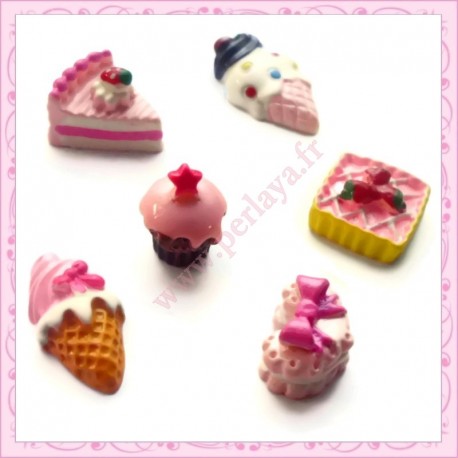 6 cabochons gourmands religieuse, cornet, donuts, esquimau, pâtisserie, coeur