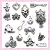 Mix de 30 breloques argentées fleur, chat, noeuds, coeur, cadenas, hiboux,..