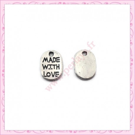 Lot de 15 breloques "made with love" en métal argentées 1.8cm