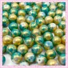 100 perles 8mm vert bleu et dorées tachetées en verre