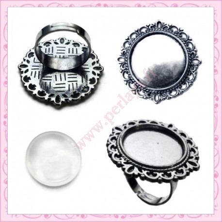 Kit de 5 bagues argentées 12mm + 5 cabochons en verres 12mm