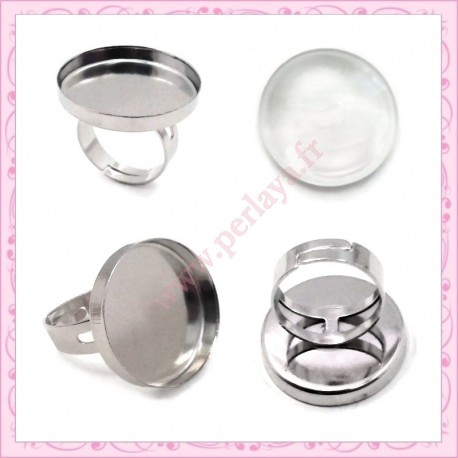 Kit de 5 bagues argentées 12mm + 5 cabochons en verres 12mm