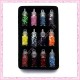 12 fioles en verre contenant des paillettes de diverses formes