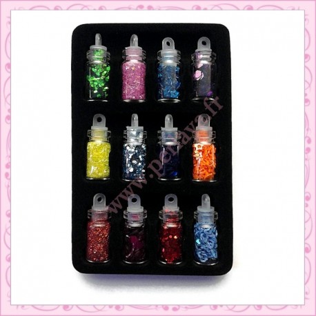Lot de 48 fioles nail art contenant strass, fimo, micro billes, paillettes…