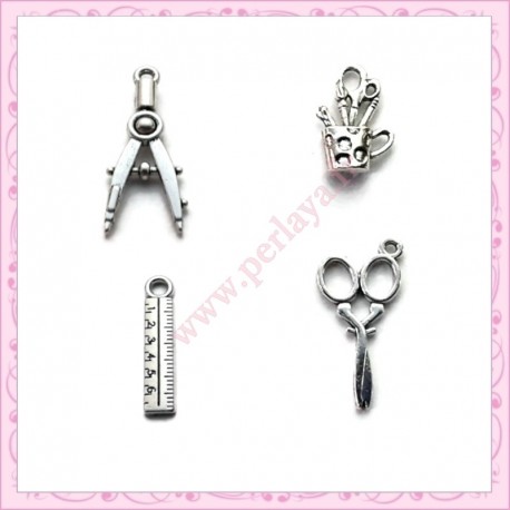 18 breloques école - règle, équerre, ciseaux, compas, bus