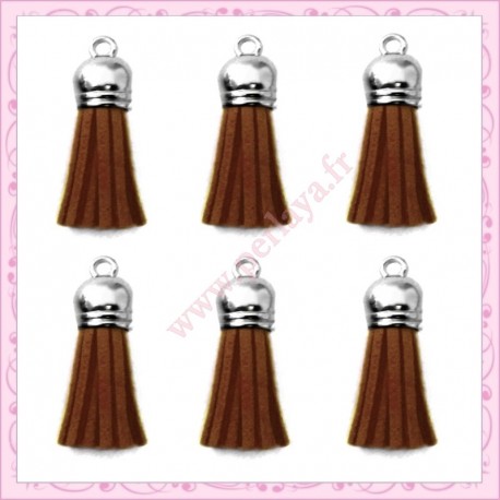 5 pompons 35mm marron style daim-suédine calotte argentée