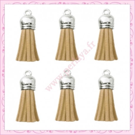 5 pompons 35mm beige marron style daim-suédine calotte argentée