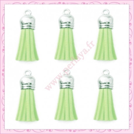 5 pompons 35mm vert pastel style daim-suédine calotte argentée