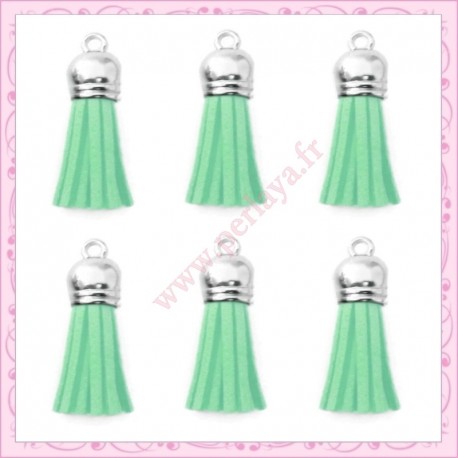 5 pompons 35mm vert d'eau style daim-suédine calotte argentée
