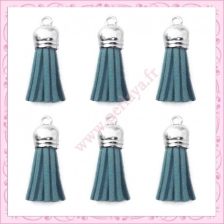 5 pompons 35mm bleu style daim-suédine calotte argentée