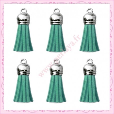 5 pompons 35mm bleu/vert style daim-suédine calotte argentée