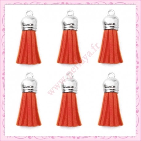 5 pompons 35mm saumon (rose orangé) style daim-suédine calotte argentée
