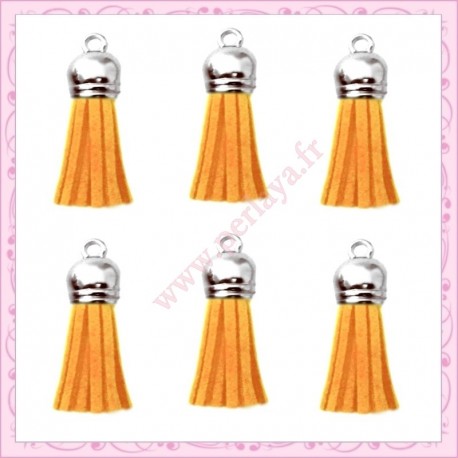 5 pompons 35mm orange abricot style daim-suédine calotte argentée