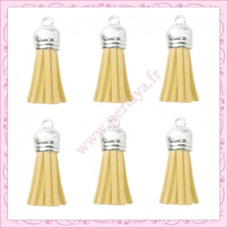 5 pompons 35mm jaune vanille style daim-suédine calotte argentée