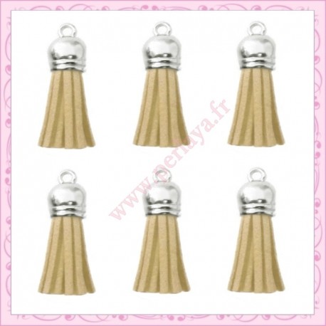 5 pompons 35mm ivoire beige style daim-suédine calotte argentée
