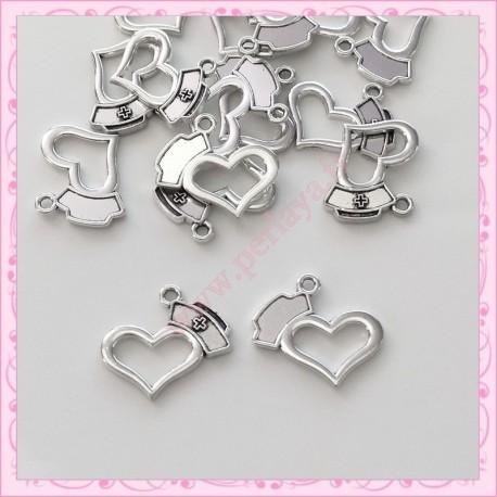 15 breloques coeur infirmière médecin argentées